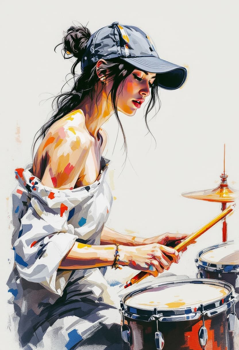 AI generated: Sketch Art, Beautiful Colored Pencil Line, Artistic Brush Strokes, Beautiful, Woman in Cap Playing D...