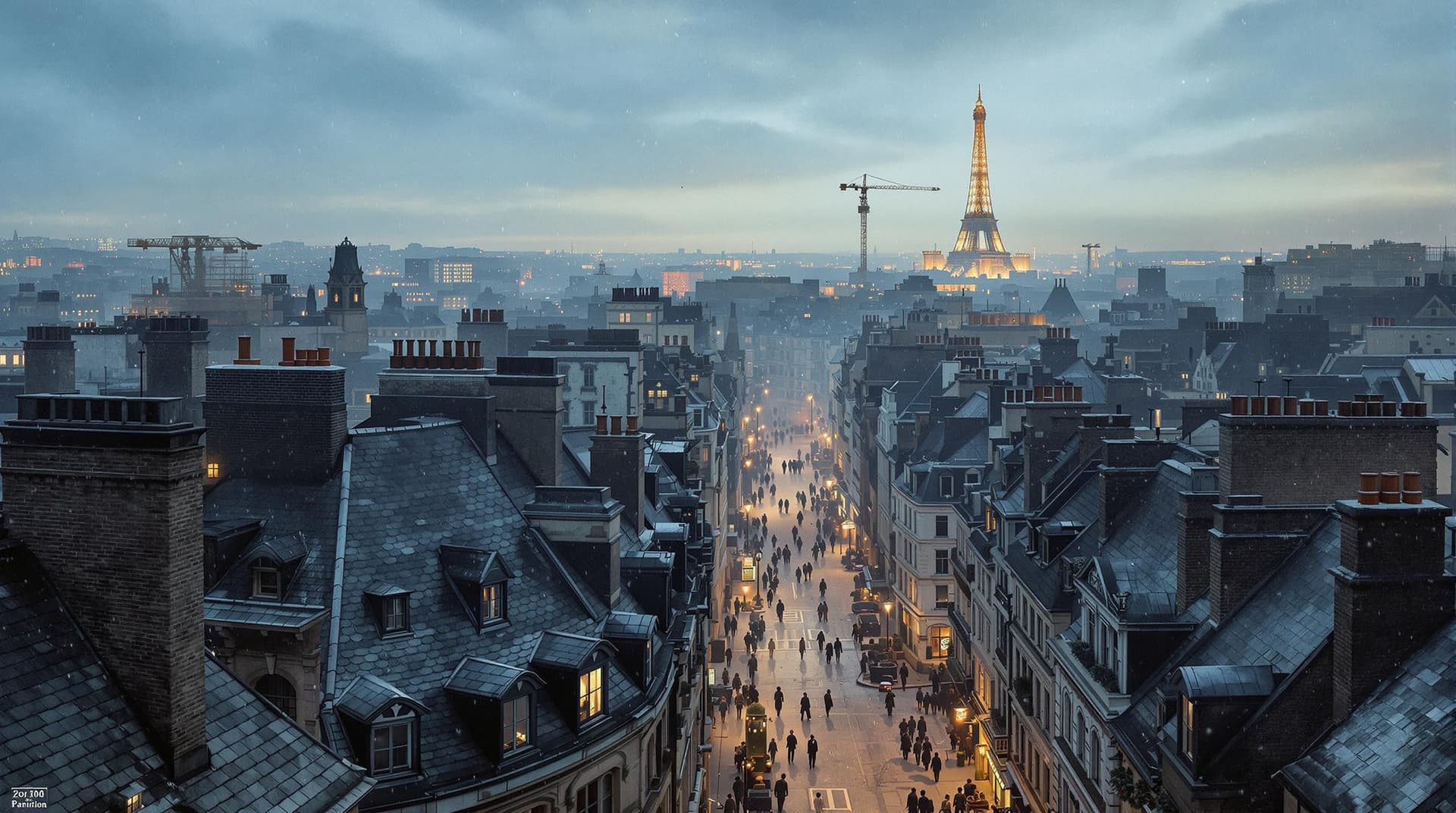 AI generated: hyper-realistic illustration, a panoramic view above the ((1900)) Paris rooftops in the early hours ...