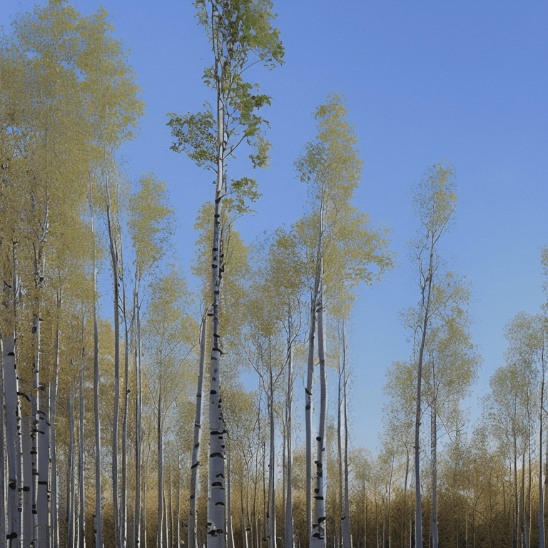 AI generated: oil on canvas,
sparse clouds in a soaring sky, 
stand of birch trees, beach, 
beautiful setting, ear...