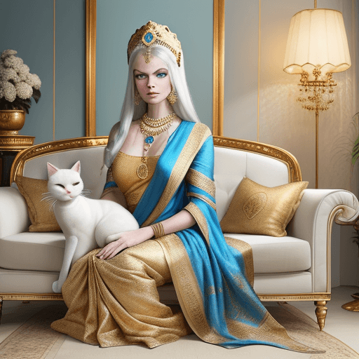 AI generated: "Create a regal white cat character with large, expressive blue eyes. The cat is dressed in an elega...