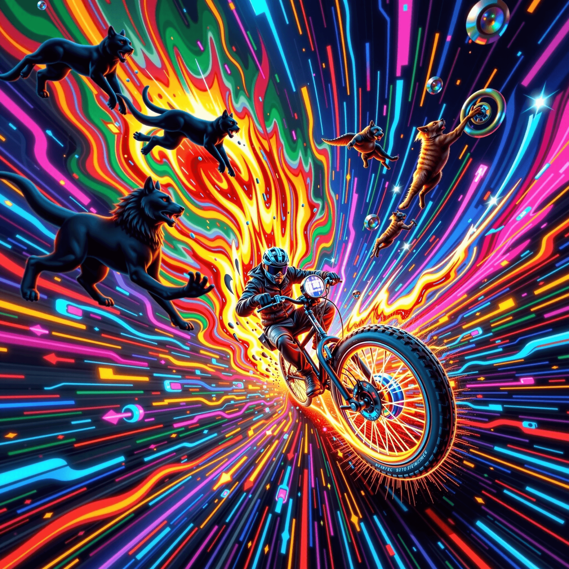 AI generated: A dynamic, chaotic scene capturing the essence of a wild ride â swirling colors, explosive energy,...