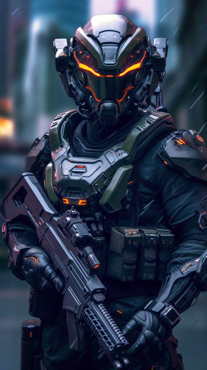 AI generated: Futuristic soldier with advanced armor, weaponry, and helmet, dark army green, street, overcast, ref...
