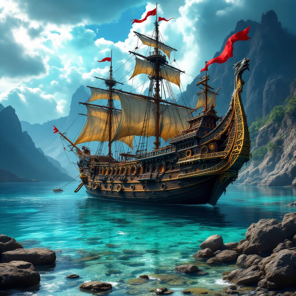 AI generated: A beautifully crafted ancient wooden sailing ship is anchored in crystal-clear turquoise water, near...