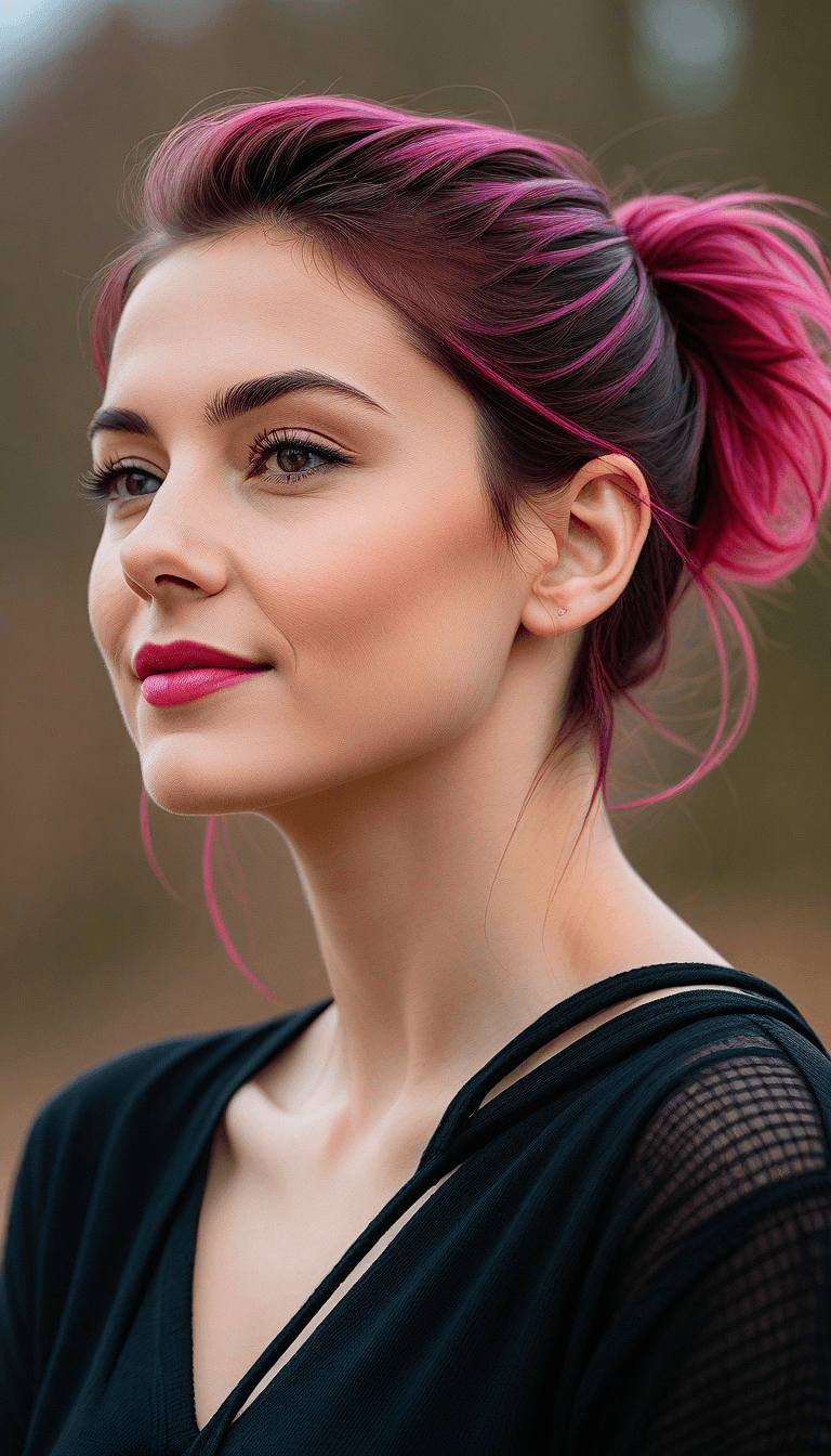 AI generated: An image of a young woman with fair skin and a unique hairstyle that transitions from brunette at th...
