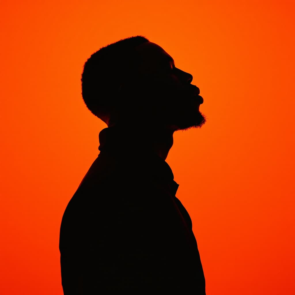 AI generated: photography, portrait of contrast, profile silhouette of a black man, vibrant orange backdrop, visua...