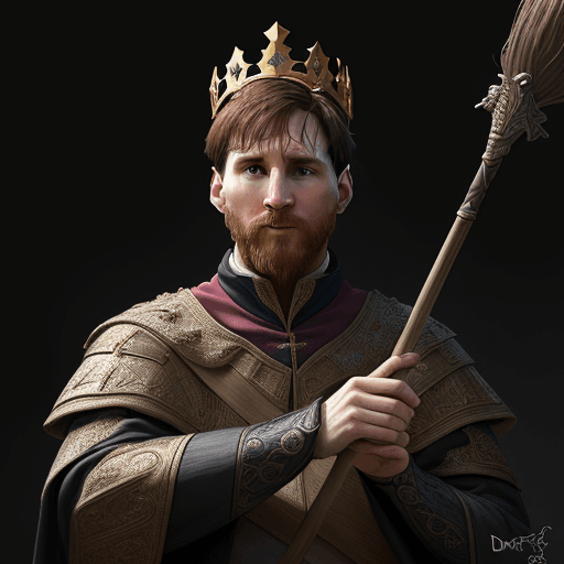 AI generated: Lionel Messi with a majestic crown, on a broomstick like harry potter, D&D, fantasy, intricate, eleg...