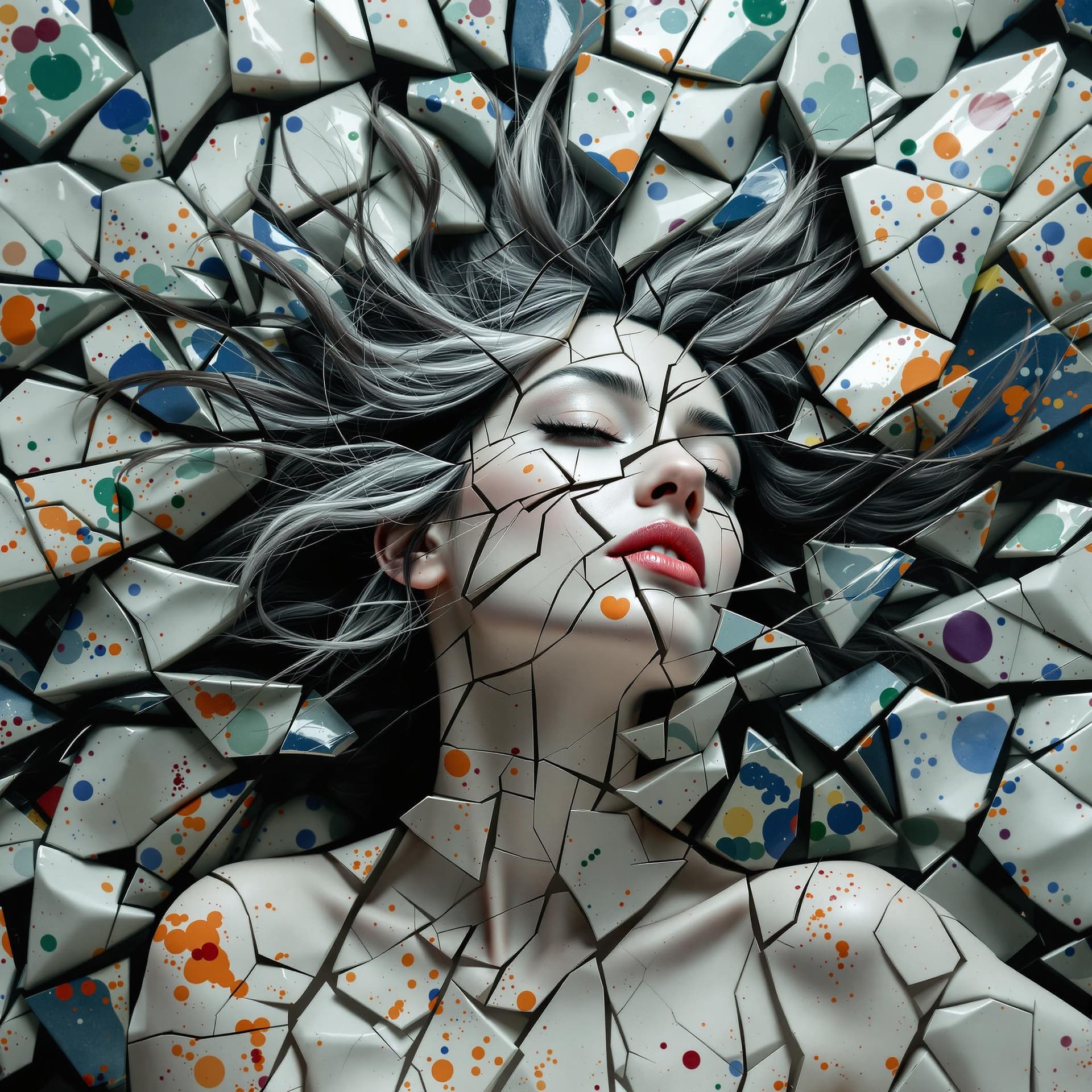 AI generated: A middle-aged woman of Indian descent, her dark hair streaked with silver, appears fractured and spl...