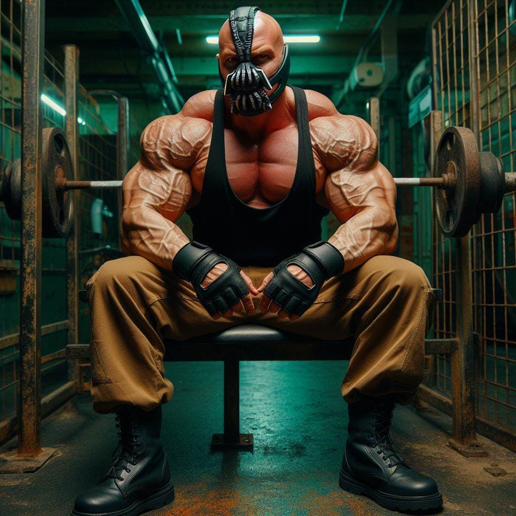 AI generated: panned out potrait of a realistic painting concept art style of Bane wearing a black tank top leathe...