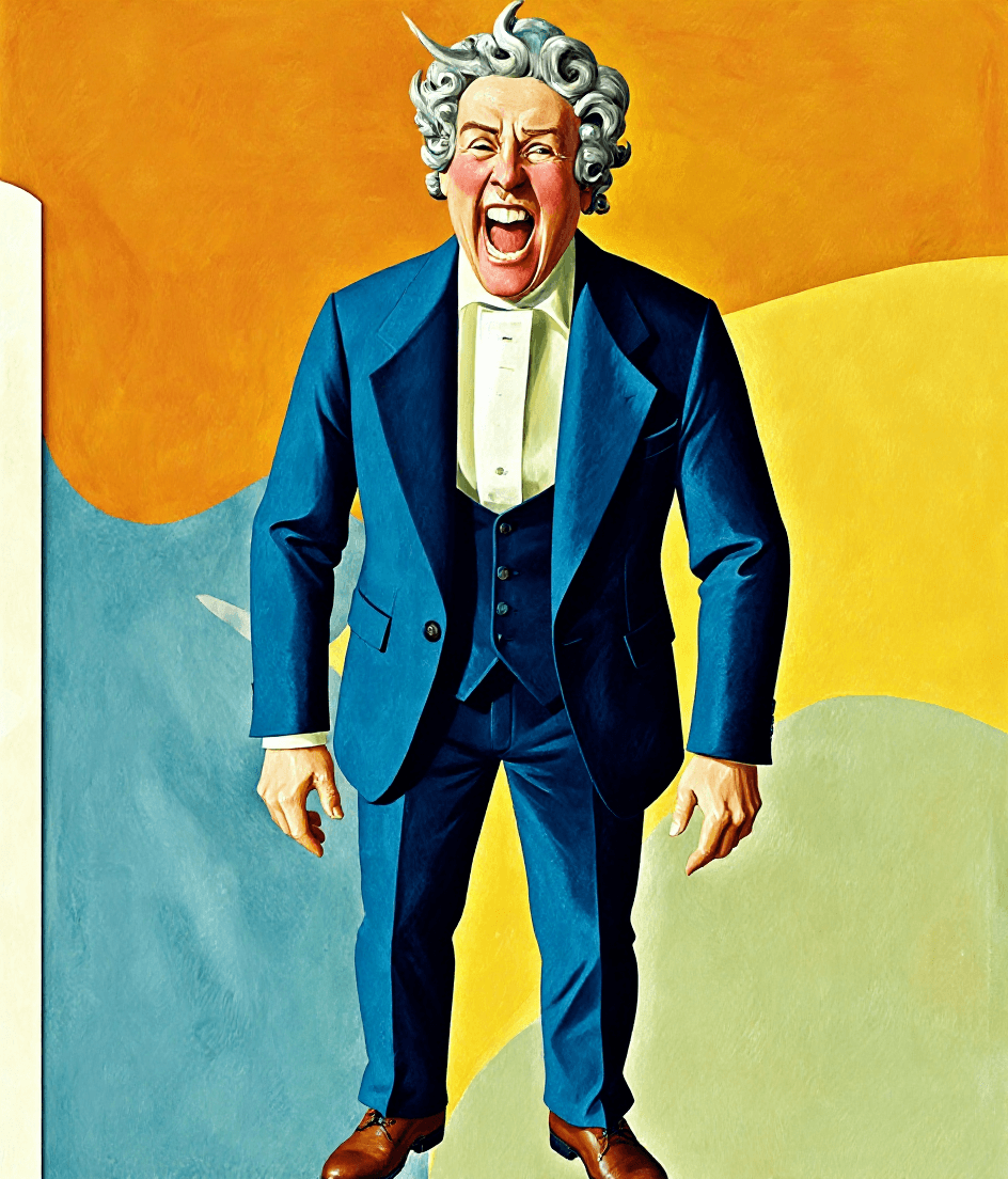 AI generated: a portait of the man in the wig laughing hard, single color background, full body, margin around the...