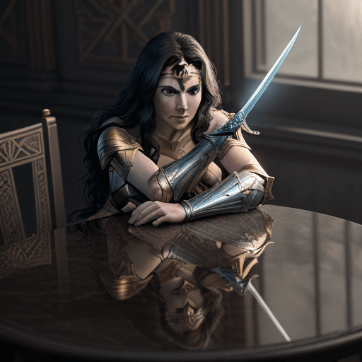 AI generated: sword on the table with the design and character of wonder woman The sword is gold and grey dark, no...