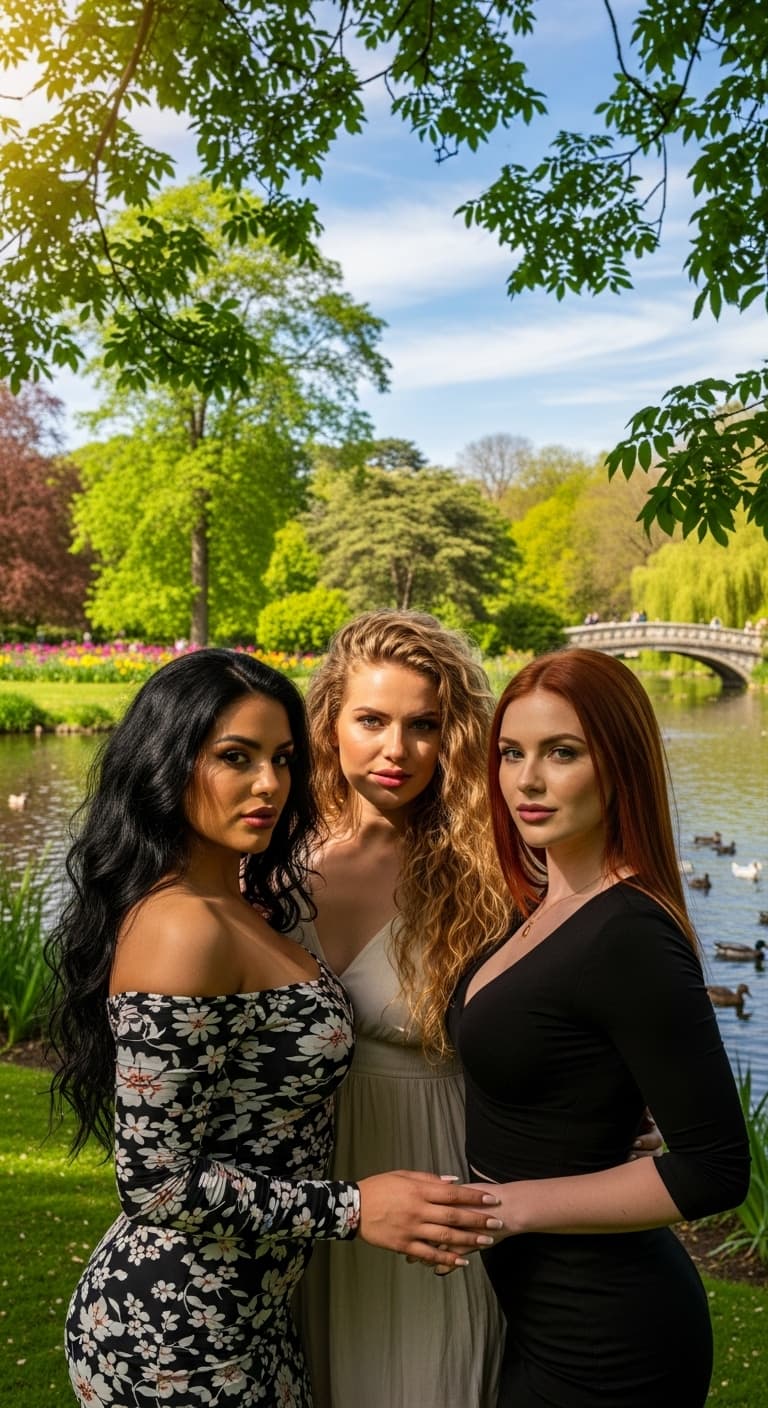 AI generated: 3 women [latina, blonde, red head], pretty and cute. at a park. crisp, detailed image, in-focus. (la...
