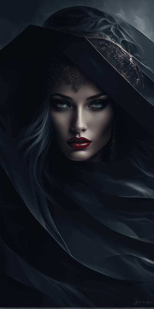 AI generated: An painting of beautiful woman in red dress with abstract painting splash, dark background. Artist:{...