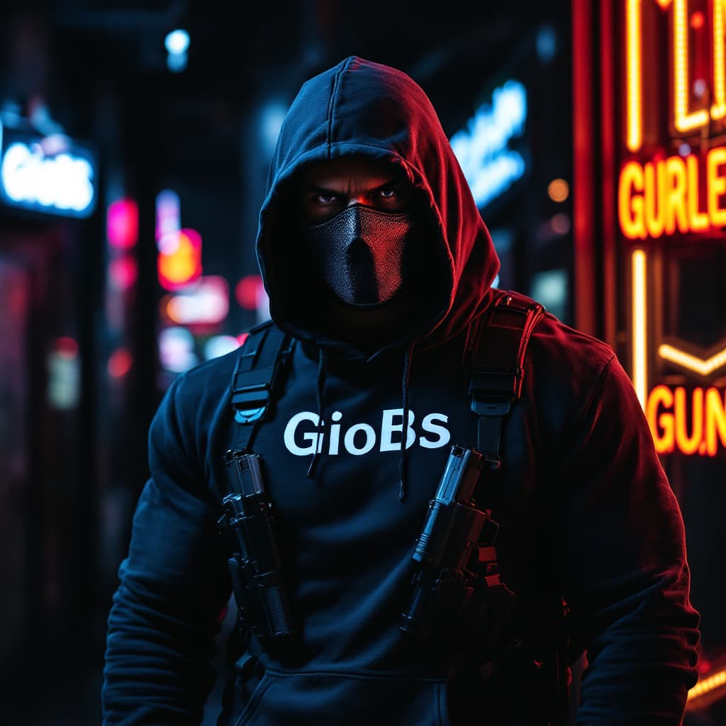 AI generated: dark with RGB neon lights signs background,muscle man wearing hoody, with a carbon fiber mask,dual 9...