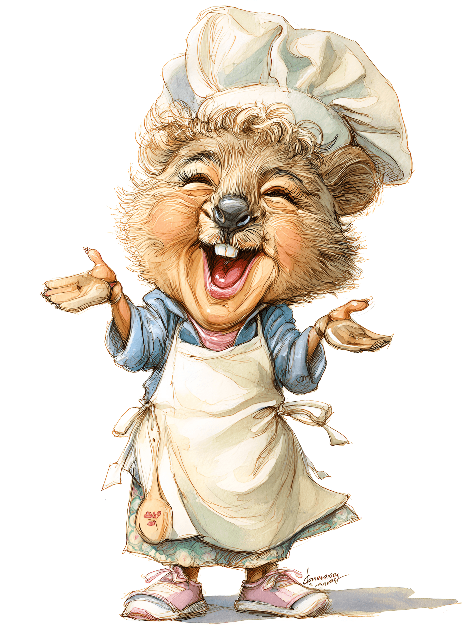 AI generated: funny caricature, quokka animal caricature, adult australian female, 5 years old, small, round, chee...