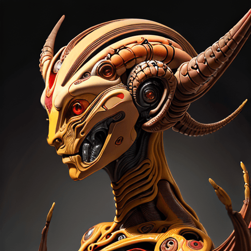 AI generated: alien cyborg art and illustration in the style of balanced symmetry, light red and yellow, detailed ...