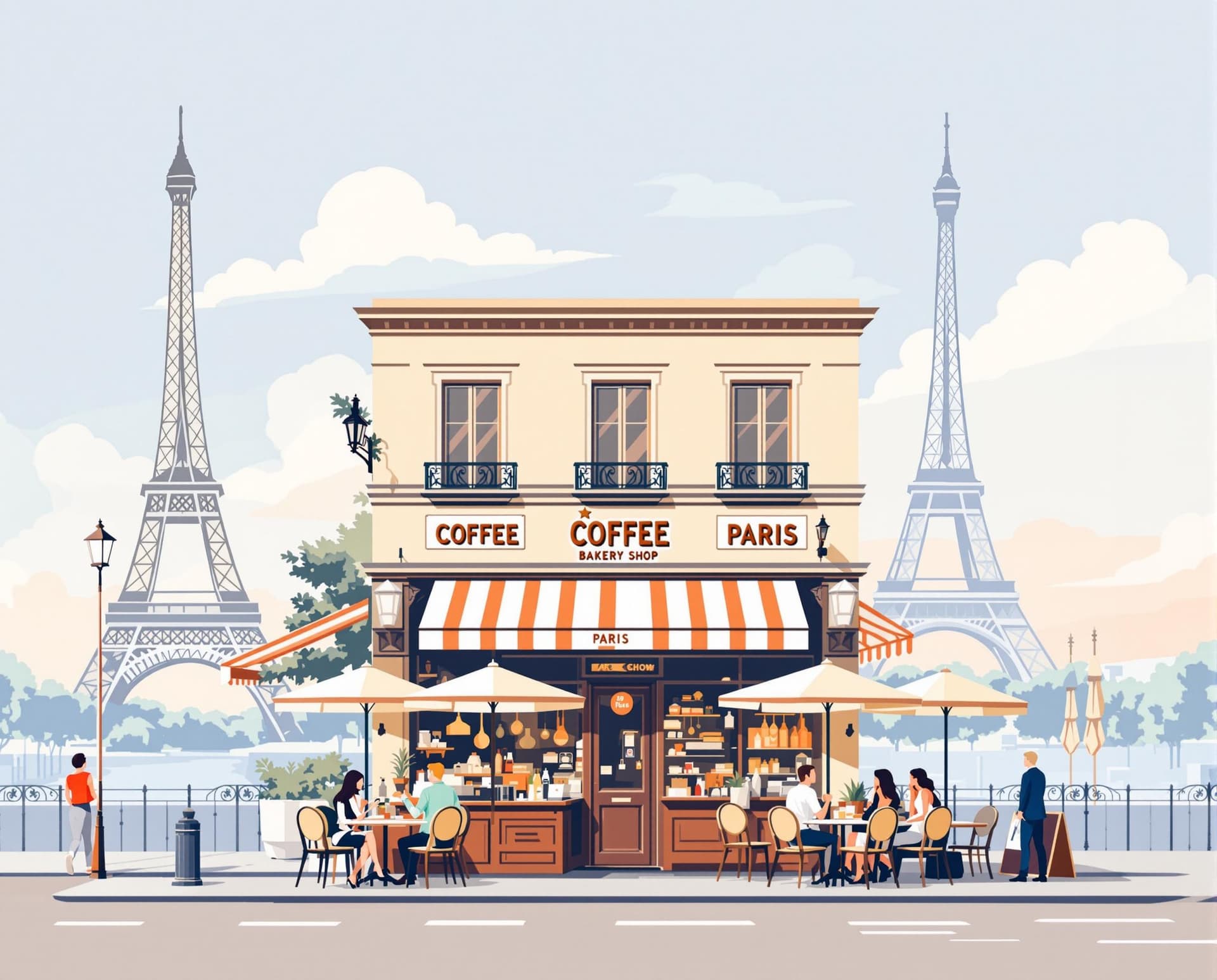 AI generated: Coffee shop as if it’s being in paris, you can draw the  bakery and add Eiffel Tower at the backgrou...