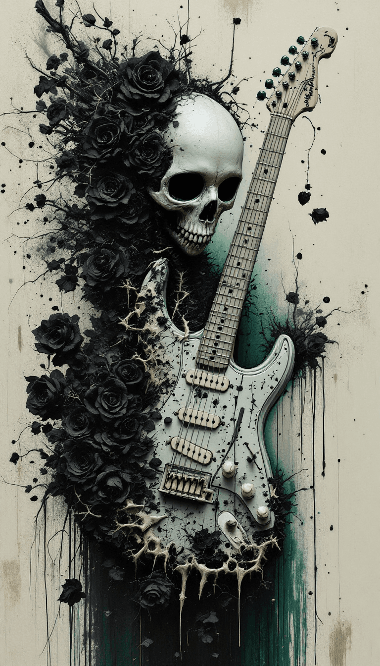 AI generated: electric guitar made of bone,skull and black roses, bow dragging across decayed strings, background ...
