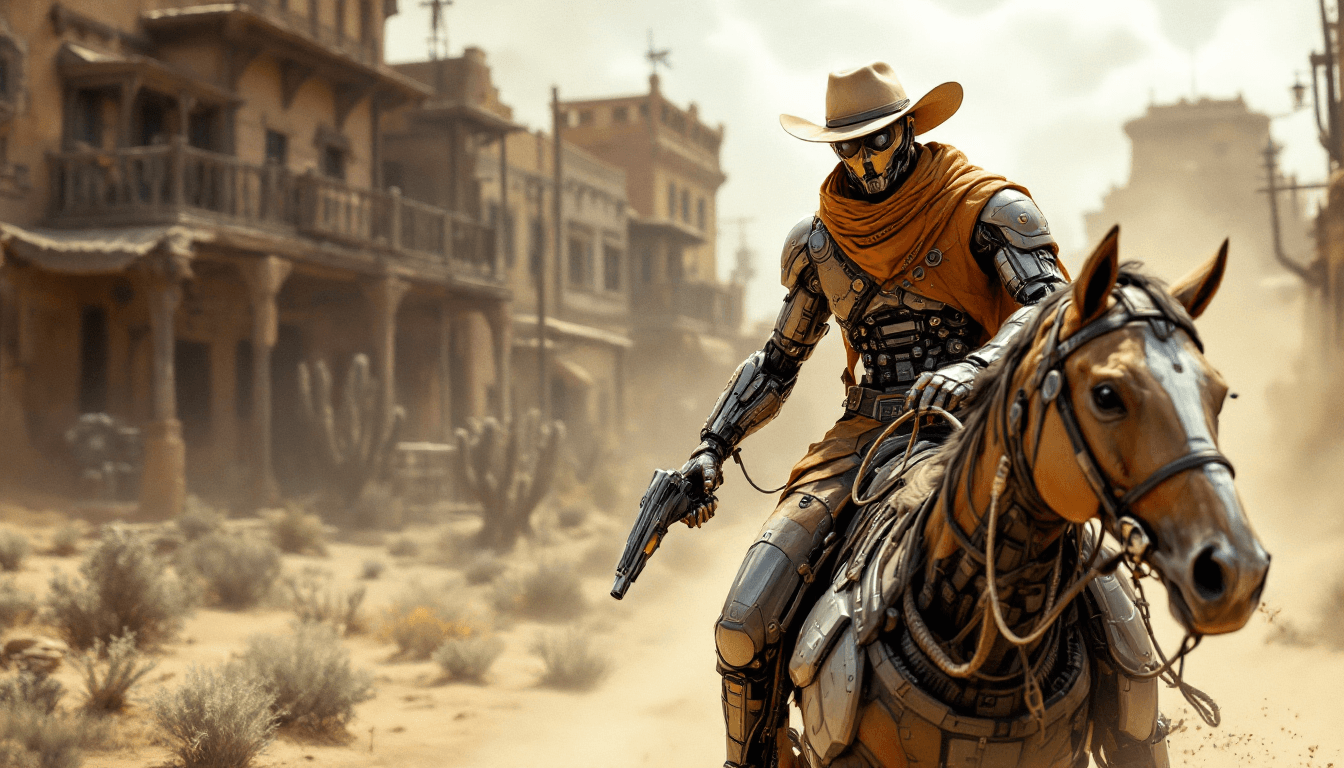 AI generated: A cyber-enhanced cowboy in the 'Cybernetic Wild West', with robotic limbs and high-tech gear, riding...
