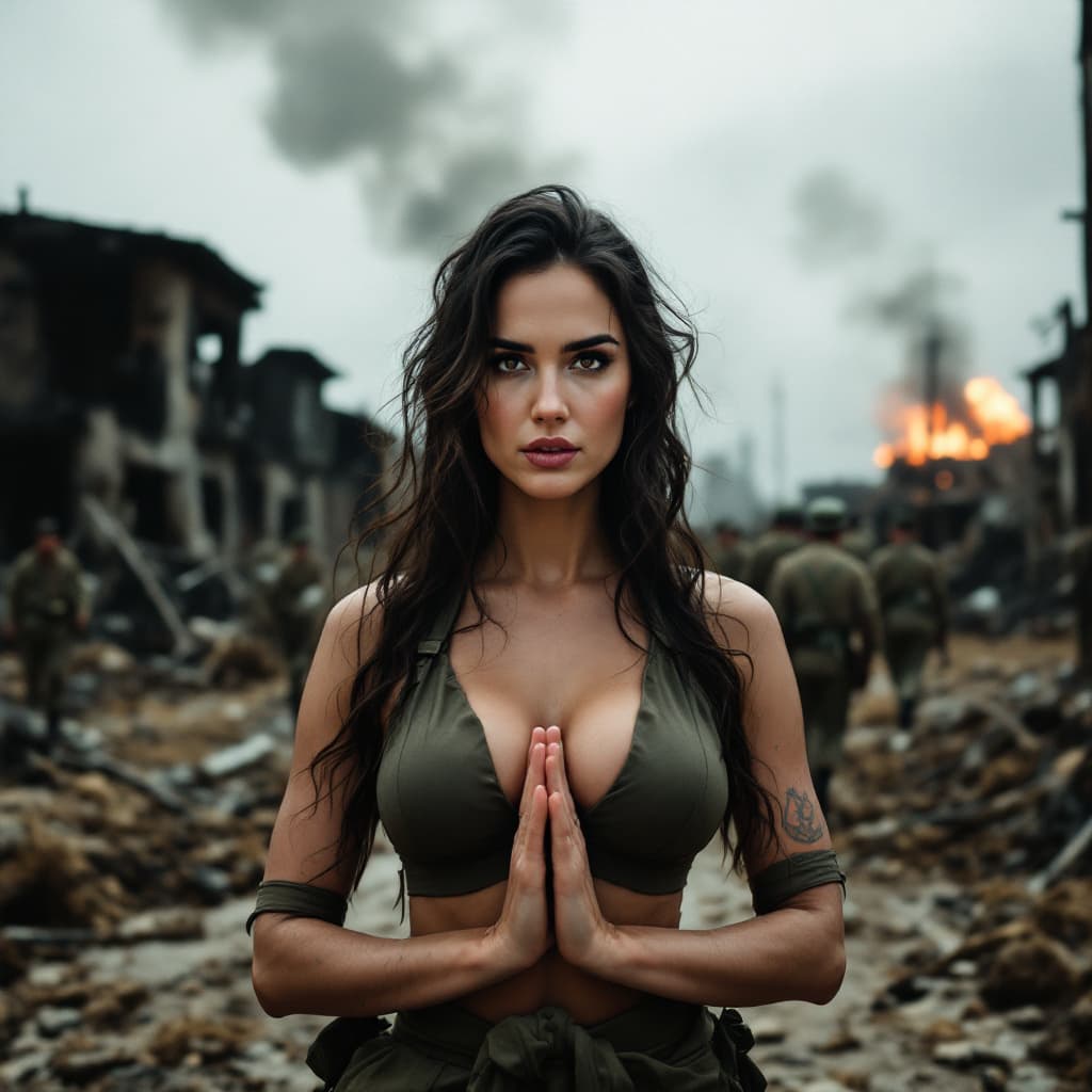 AI generated: , Jennifer Connelly, adult woman, horney looking curiously. She is doing yoga, A war-torn spanish vi...
