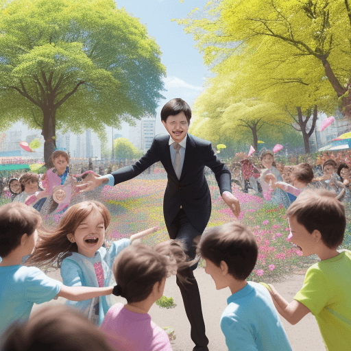 AI generated: A hundred children are joyfully circling around Pavel Durov in a vibrant, lively scene. The backgrou...