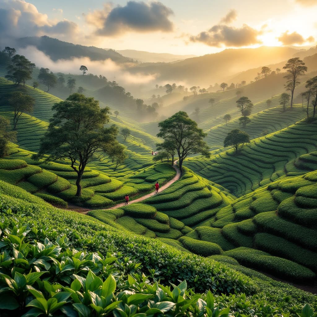 AI generated: A sweeping aerial view of terraced tea plantations in Wayanad, Kerala, during golden hour. Emerald-g...