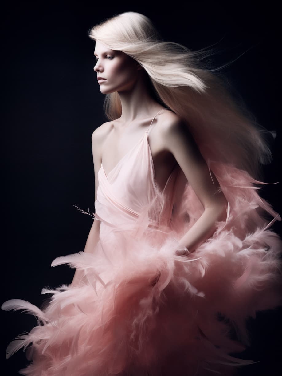 AI generated: photo of ((( single beautiful slavic long hair model ))) in a ((( light pink feather slit dress ))) ...