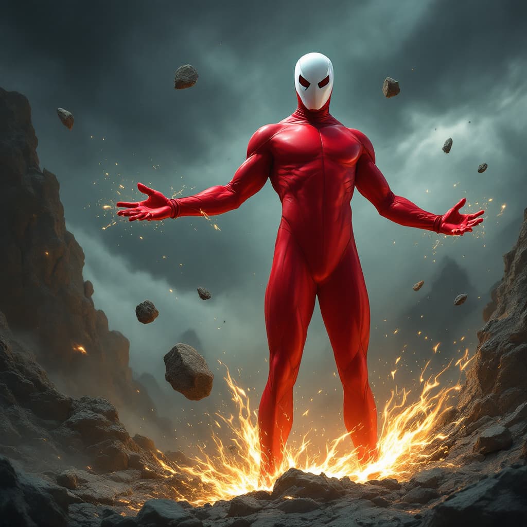 AI generated: A heroic figure wearing a bright red suit, which is form-fitting and sleek, designed for both agilit...