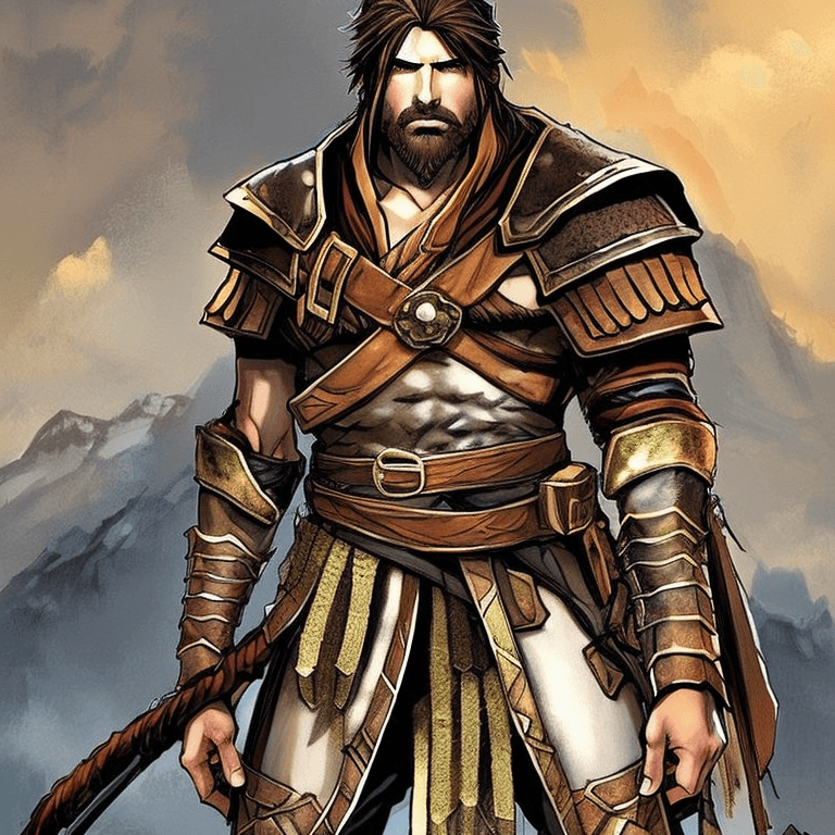 AI generated: A mysterious warrior with long braided hair looks like god of war, leather armor, torn cloak, brown ...
