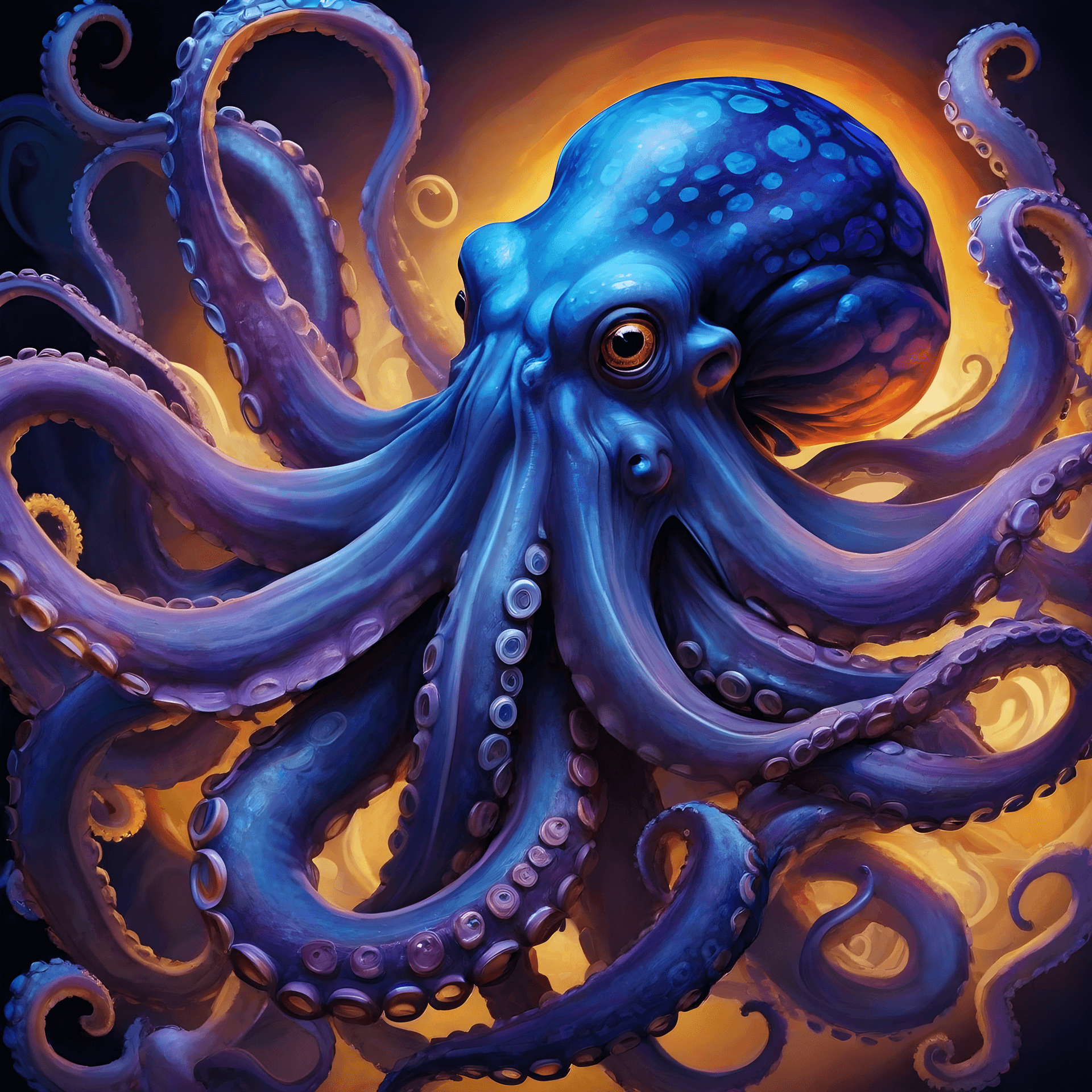AI generated: octopus, Digital illustration, Contemporary, Vivid colors (predominantly blues and purples, with hin...