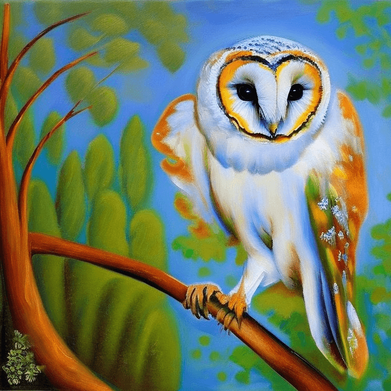 AI generated: Ralistic, ((Masterpiece, best quality)), cute perching barn owl in dream park, Picasso, oil painting...