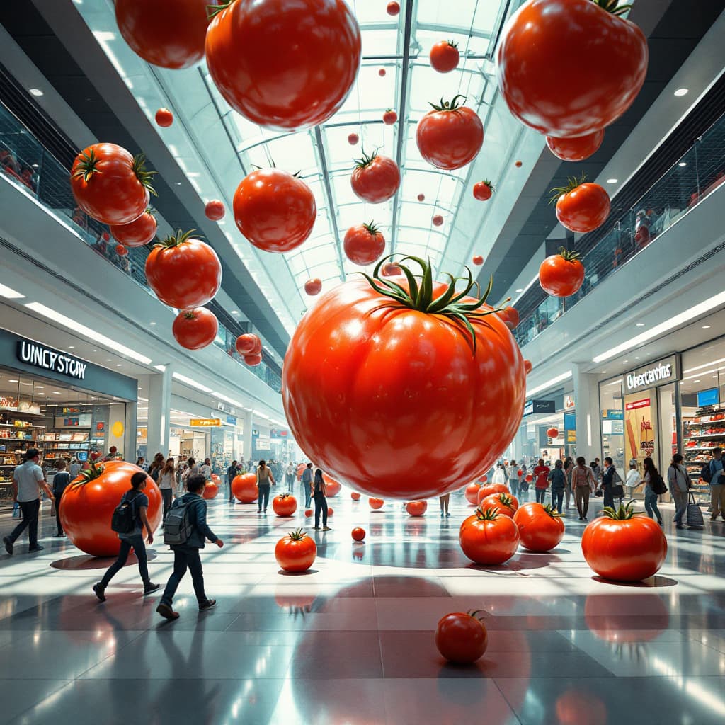 AI generated: giant tomatoes chasing after people in a shopping mall
