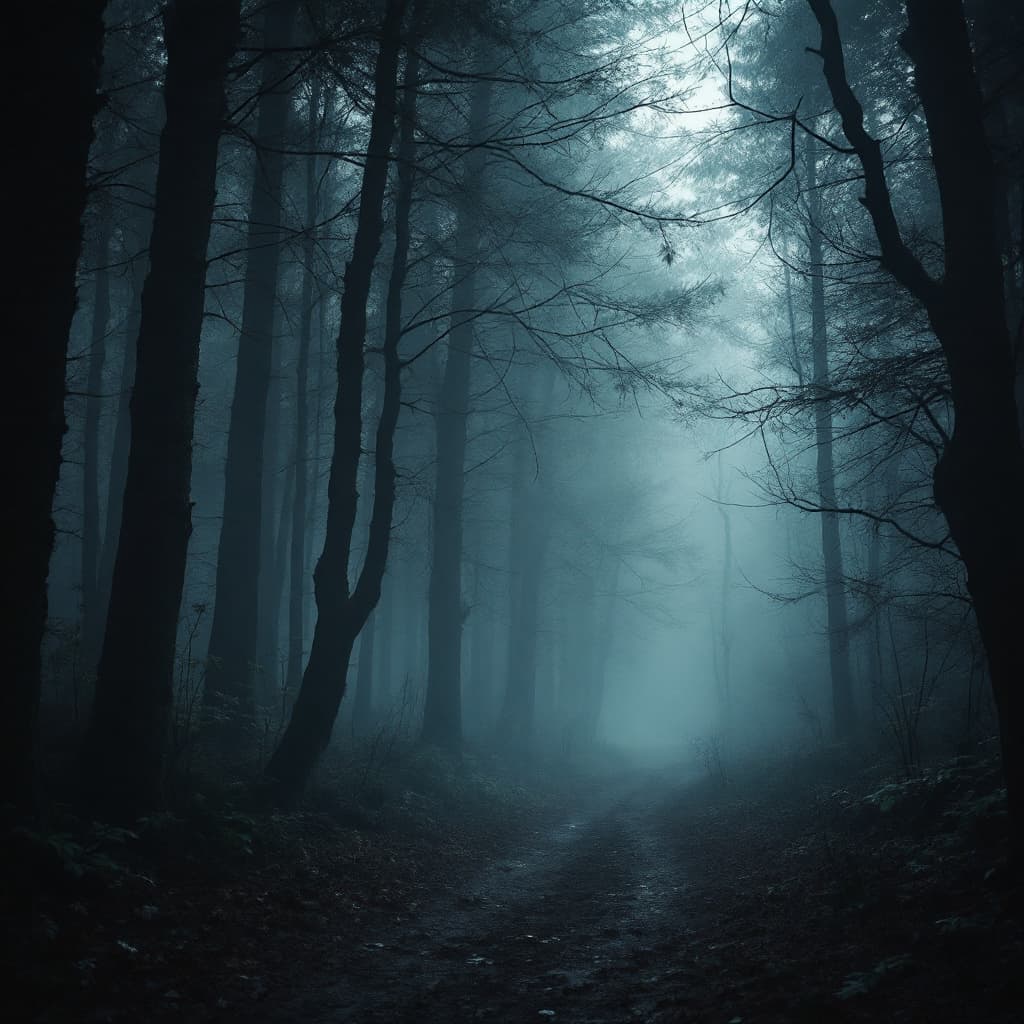 AI generated: misty dark forest, eerie, mysterious vibe