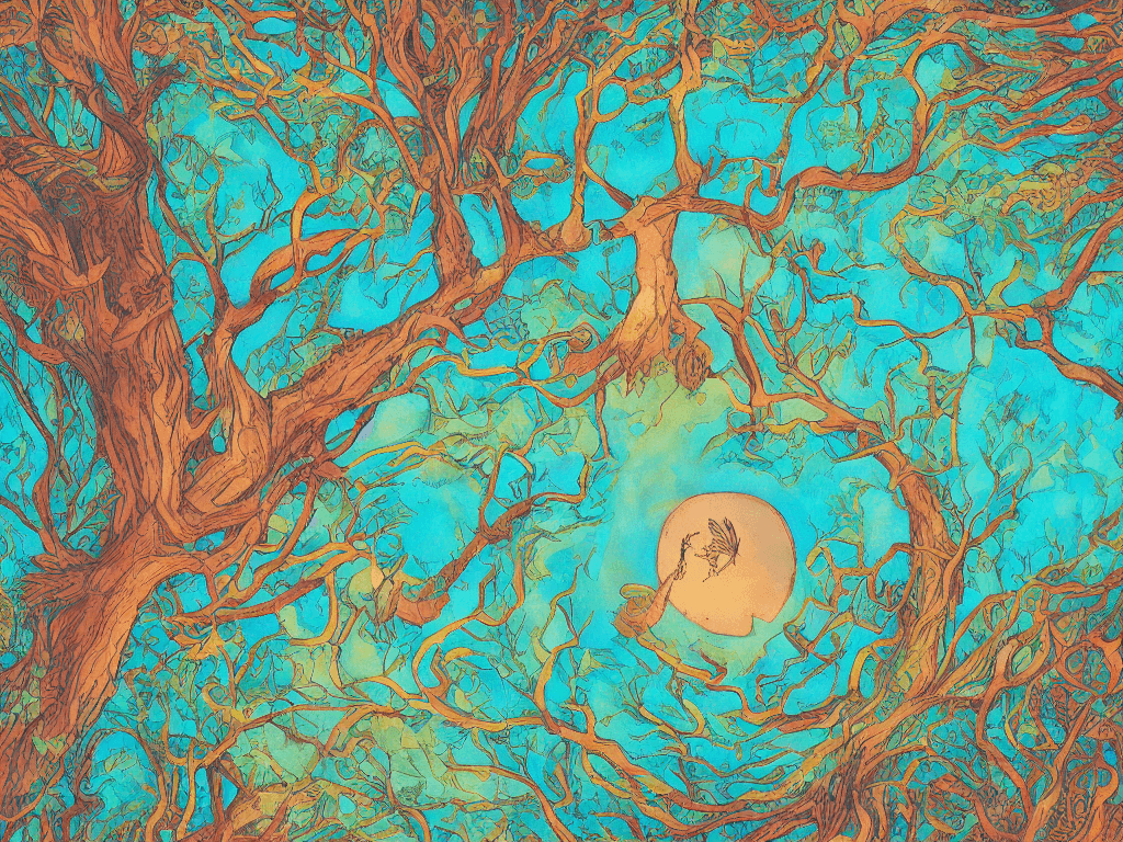 AI generated: a large circle of a person above a tree in an image, in the style of vibrant fantasy landscapes, tea...