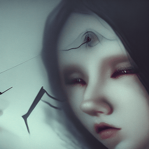 AI generated: Creepy foggy demon sewing a beautiful girl's eyes shut while she tries to keep them pried open, shar...