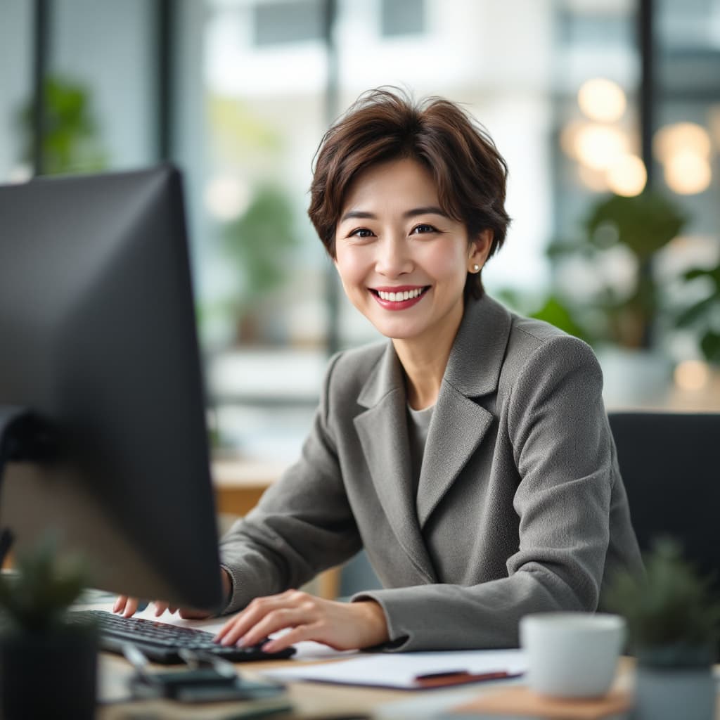 AI generated: 　　 Japanese  female ,Short brown short cut hair charismatic but soft smiling woman in her 50s. Seen ...