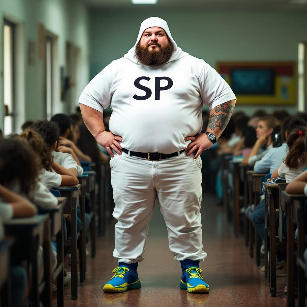 AI generated: Un hombre corpulento con disfraz de superhéroe que tenga pantalones blancos ajustados, camiseta blan...