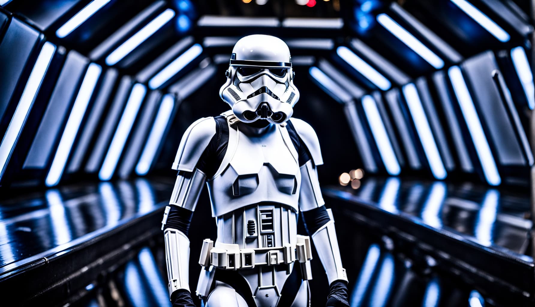 AI generated: 200mm portrait hdr photo, wide angle,  half-body, Rhea Seehorn cosplaying star wars Stormtrooper, ic...