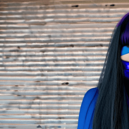 AI generated: A woman with blue skin, black facemask, long black hair, purple iris, black eyebrows, dark purple ba...