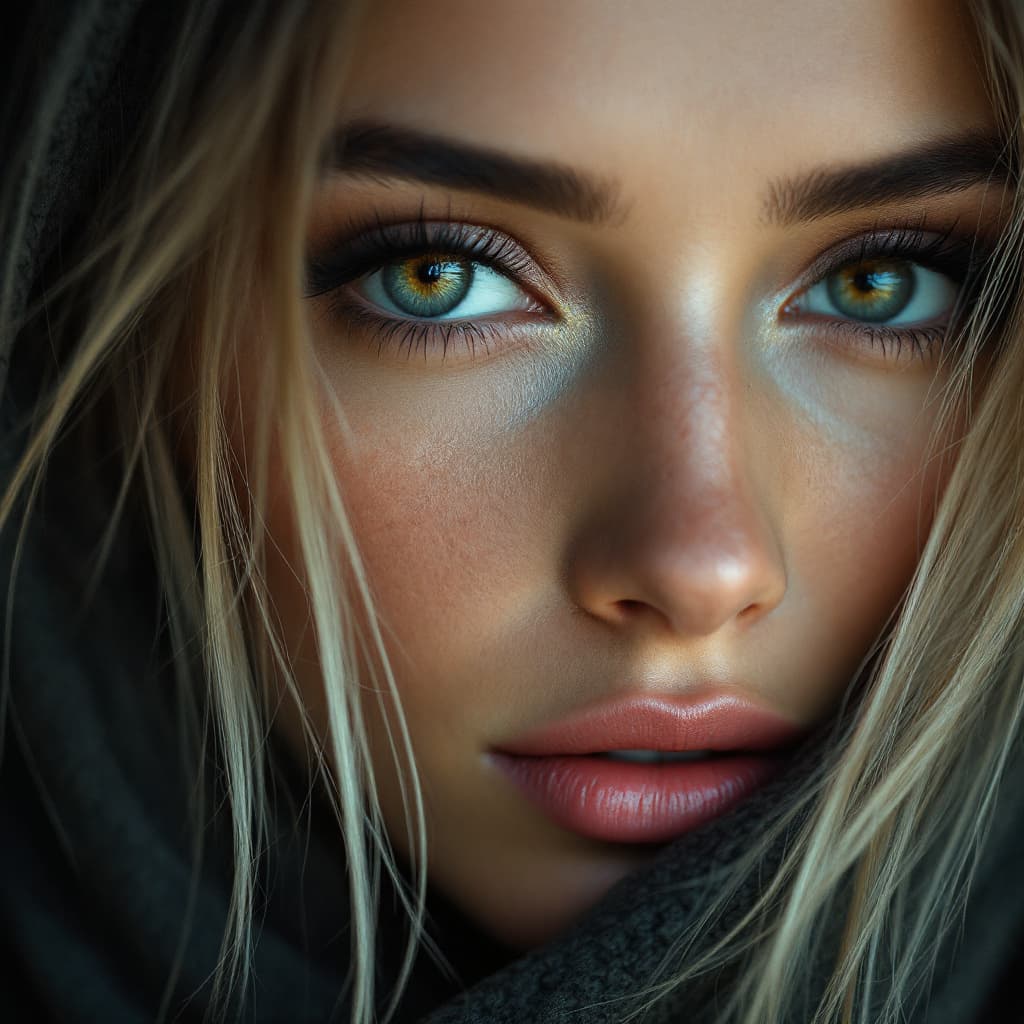 AI generated: Close-up portrait of a woman from Iran, no makeup just natural, short ash blonde hair, thick and nat...