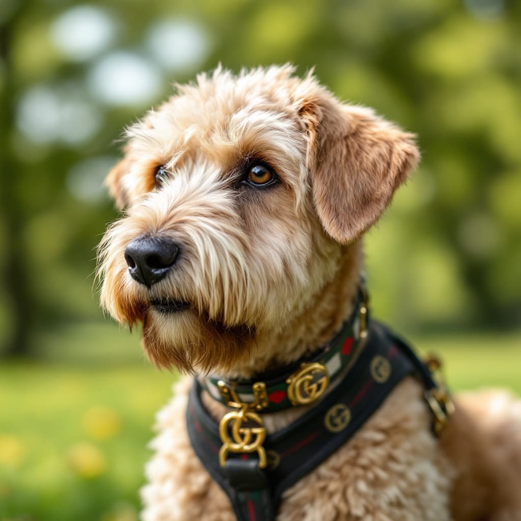 AI generated: an adult soft coated wheaten terrier poised wearing a gucci dog colllar and enjoying a day in the pa...