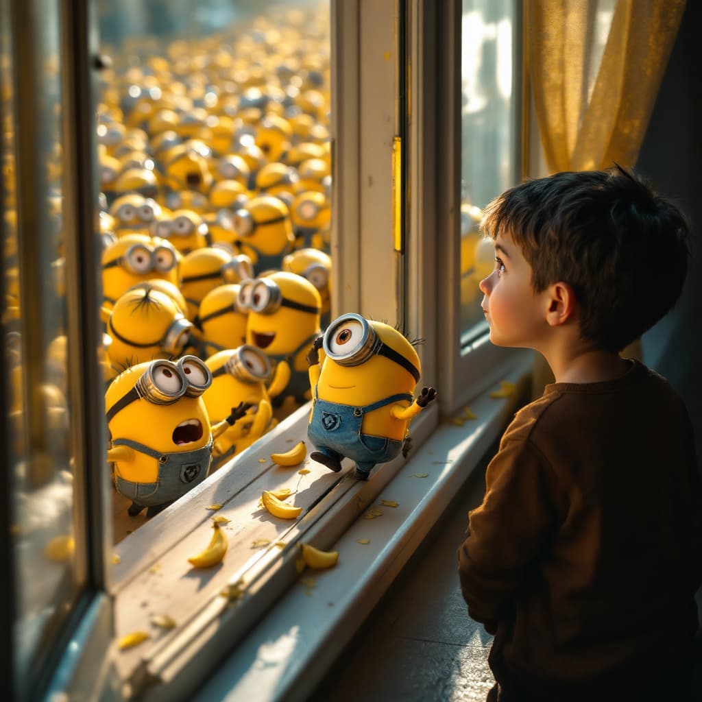 AI generated: A boy looking from a window at daylight and sees many walking  Minions . Their body are exposed and ...