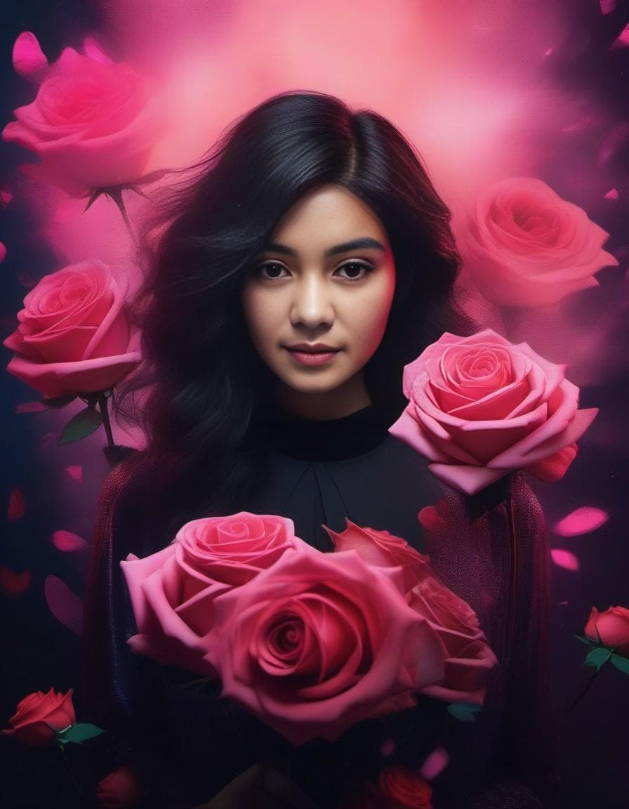 AI generated: closeup,(((bouquet of roses, heart-shaped pink smoke,))),(((sticker art))),(((naturally interacting ...