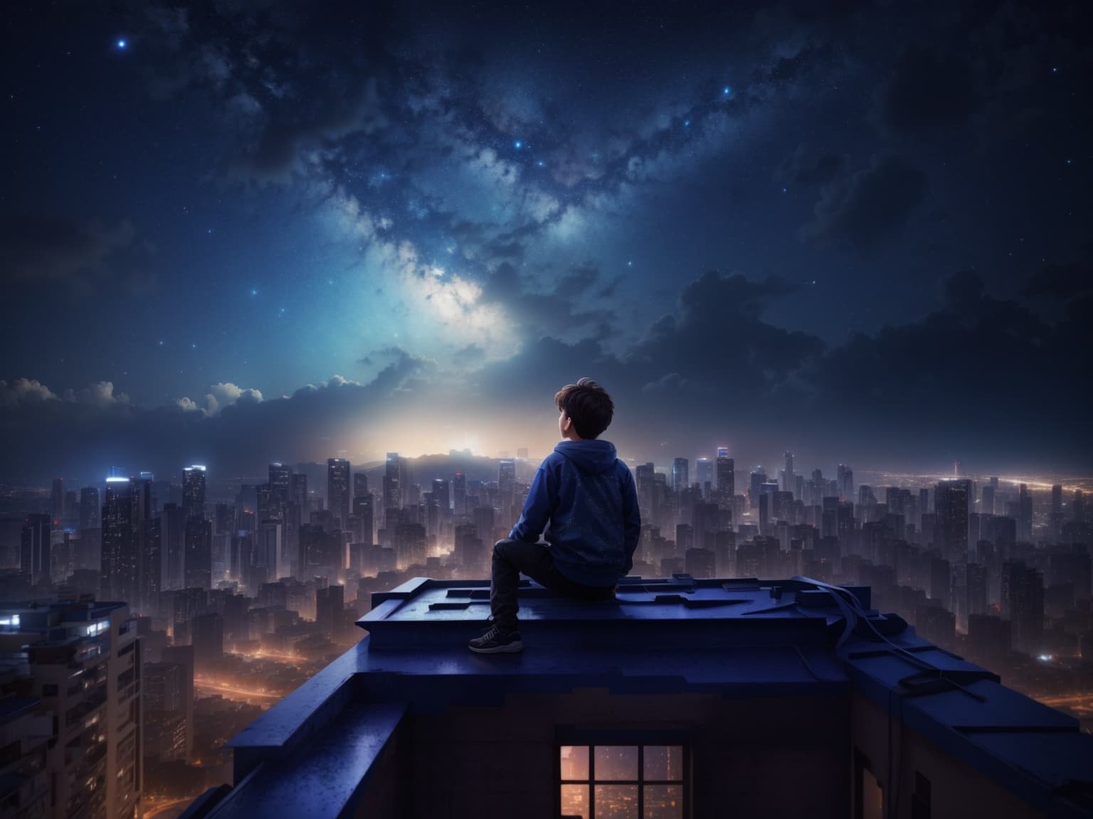 AI generated: night city, a boy on the roof of a high-rise building, milky way, melancholic light, 4k