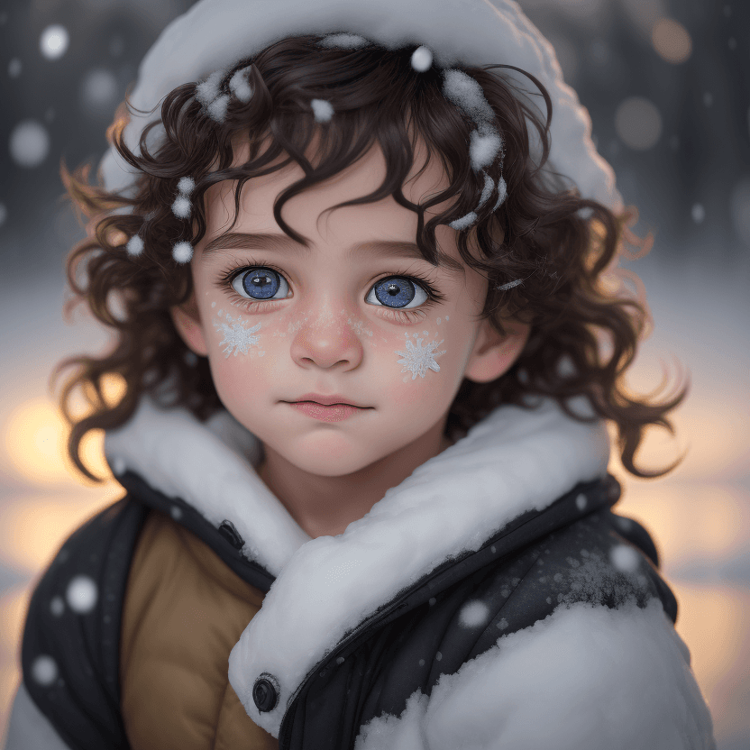 AI generated: Depict a 6-year-old boy, wavy hair, hyperrealistic detailed eyelashes, eyes, snowfall. Micro details...