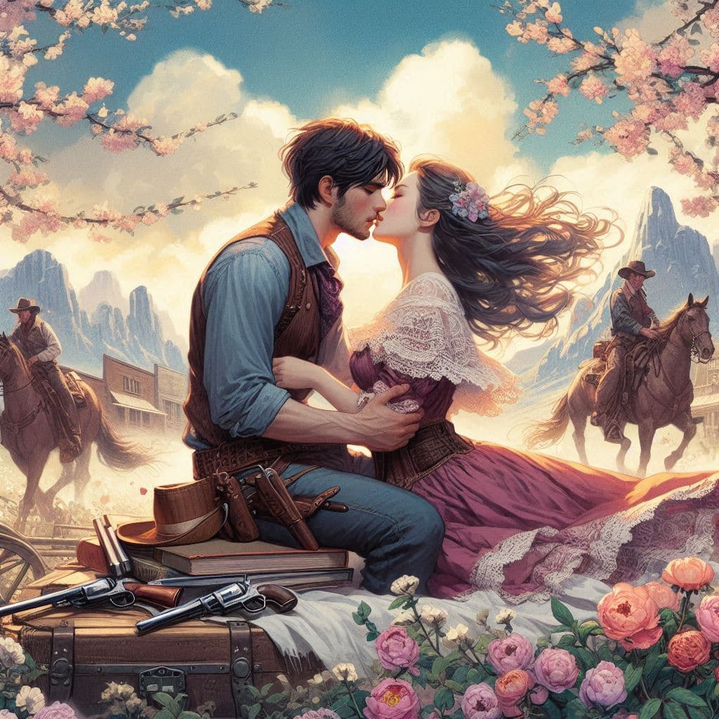AI generated: Romance illustration, a couple sharing a passionate kiss, romance book, Wild west, set against a blo...