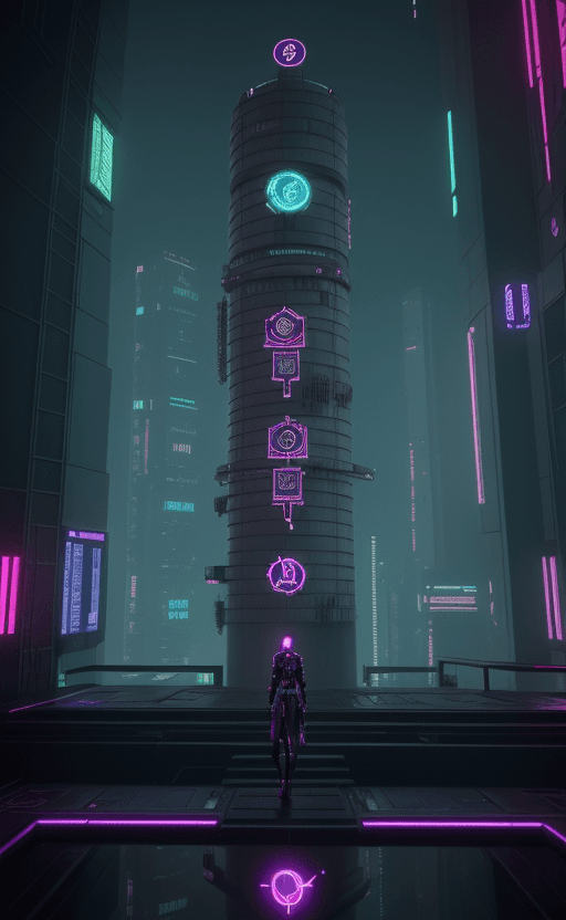 AI generated: Cyberpunk The Tower Tarot Card, Words "The Tower", High Contrast, Neon, Cyberpunk, Futuristic, Sci F...