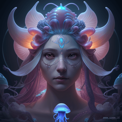 AI generated: Goddess close-up portrait ribcagel. jellyfish phoenix head, nautilus, orchid, skull, betta fish, bio...