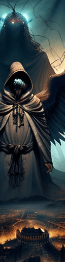 AI generated: A tapestry of a giant monster in a robe and a hood over its head obscuring it's face  with only two ...