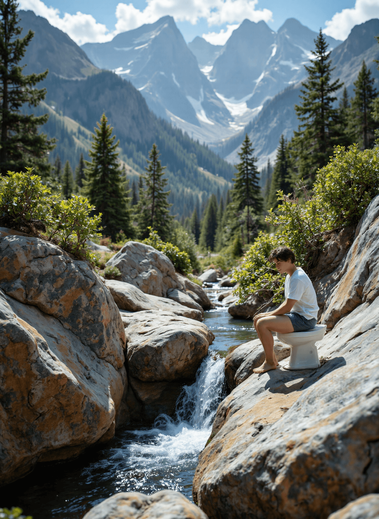 AI generated: The image depicts a serene and picturesque natural setting. In the foreground, there is a person sit...