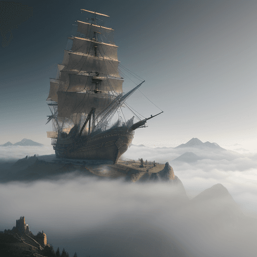 AI generated: Realistic mountain top huge view of a foggy valley with a giant pirate ship flying below